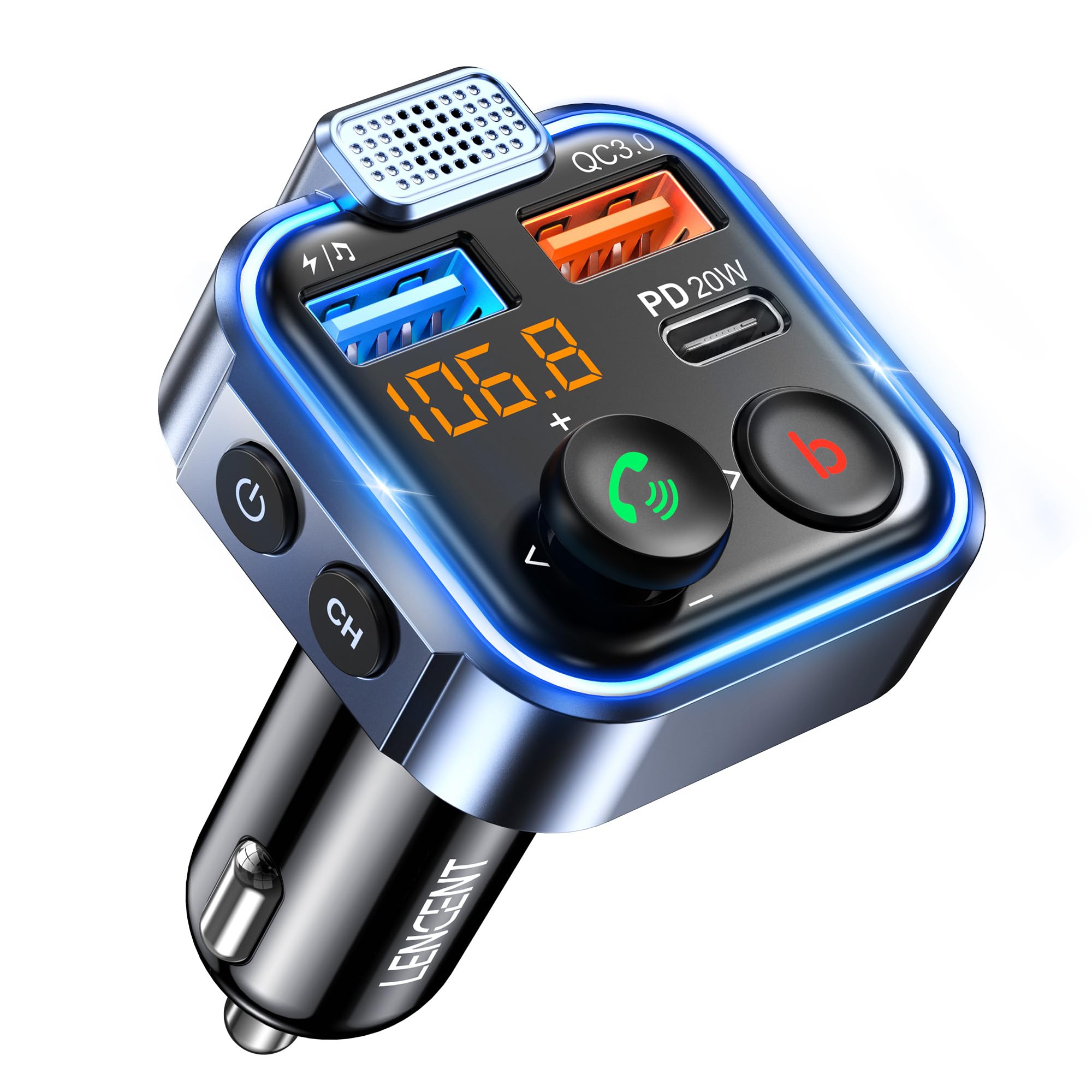 Photo 1 of LENCENT FM Transmitter in-Car Adapter, Type-C PD 20W+ QC3.0 Fast USB Charger, Wireless Bluetooth 5.3 Radio Car Kit, Hands-Free Calling, MP3 Player Receiver Hi Fi Bass, Support U Disk