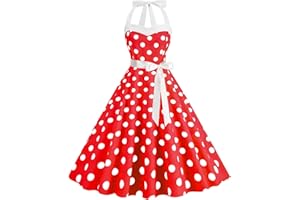 Woblesal Vintage Polka Dot Party Dresses A-Line Halter Neck Swing Dress with Belt Audrey Hepburn 50's 60's Party Costume Gown