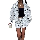 MakeMeChic Women's 2 Piece Set Polka Dots Zip Up Long Sleeve Jacket and Shorts Sets
