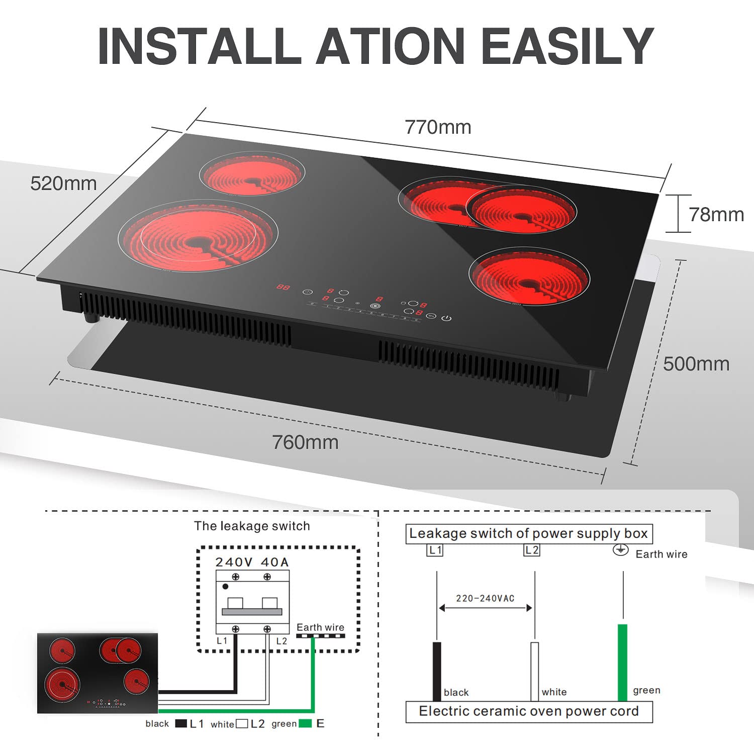 Electric Cooktop 30 Inch, 7200W Electric Stove Top with 4 Burners 220-240v, ANHANE Electric Ceramic Cooktop, 9 Heating Levels, Timer & Kid Safety Lock, Suitable for all Cookware, Without Plug