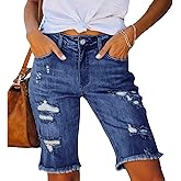 LONGYIDA Womens Jean Shorts High Waisted Denim Bermuda Shorts Ripped Distressed Knee Length Stretch Denim Jean Short