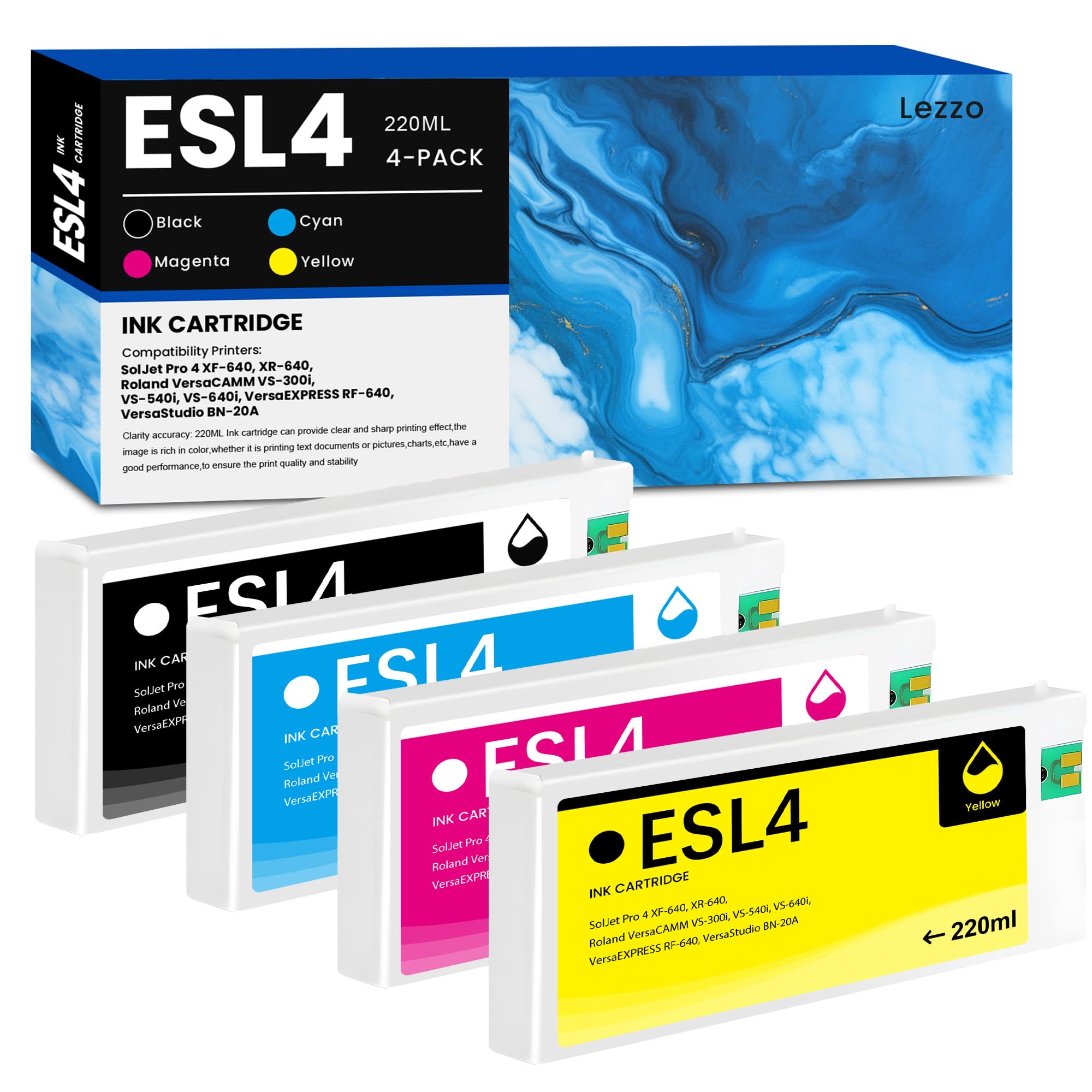 Photo 1 of Lezzo ESL4 Ink Compatible for Roland ECO-SOL MAX 2 Ink Cartridge 220ml 4-Pack ESL4 Ink Cartridge ESL4-CY ESL4-MG ESL4-YE ESL4-BK Ink Cartridges (Black Cyan Magenta Yellow)