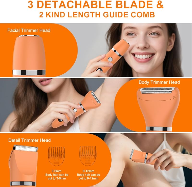 Rasoir Electrique Feminin Tondeuse précise pour visage et zones sensibles, Tondeuse à poils corporels pour visage, jambes, aisselles et zone pubienne,étanche, Écran LCD, Orange, 3 in 1