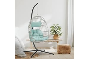 XIAO WEI Egg Hanging Chair with Stand Hammock Egg Chair Indoor Outdoor, Wicker Rattan Hanging Swing Chair Basket Egg Chair Aluminum Steel Frame and UV Resistant Cushion for Bedroom Garden Backyard Light Blue