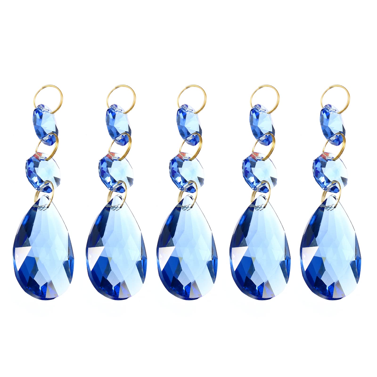 PATIKIL Clear Crystal Teardrop, 5 Pack 38mm Chandelier Prisms Parts Hanging Beads with 14mm Octagonal Bead for Chandeliers Decoration, Blue