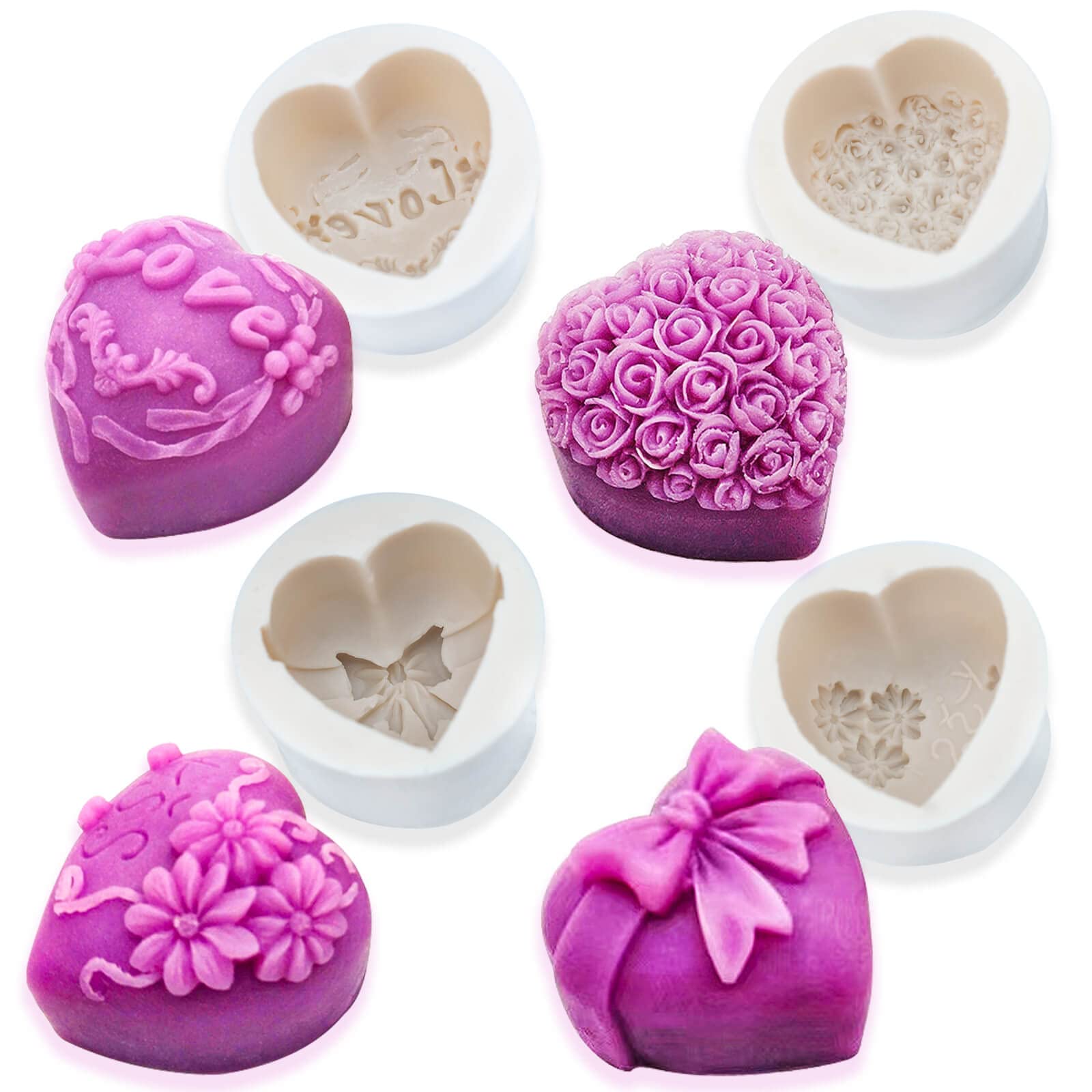 View 1 of *****2PC***** Fondant Silicone Molds for Valentine's Day, Heart-Shaped 3D Love Rose Flower Silicone Mold for Thanksgiving Wedding Mother's Day Cake Chocolate Dessert DIY Aromatherapy Handmade Soap Making