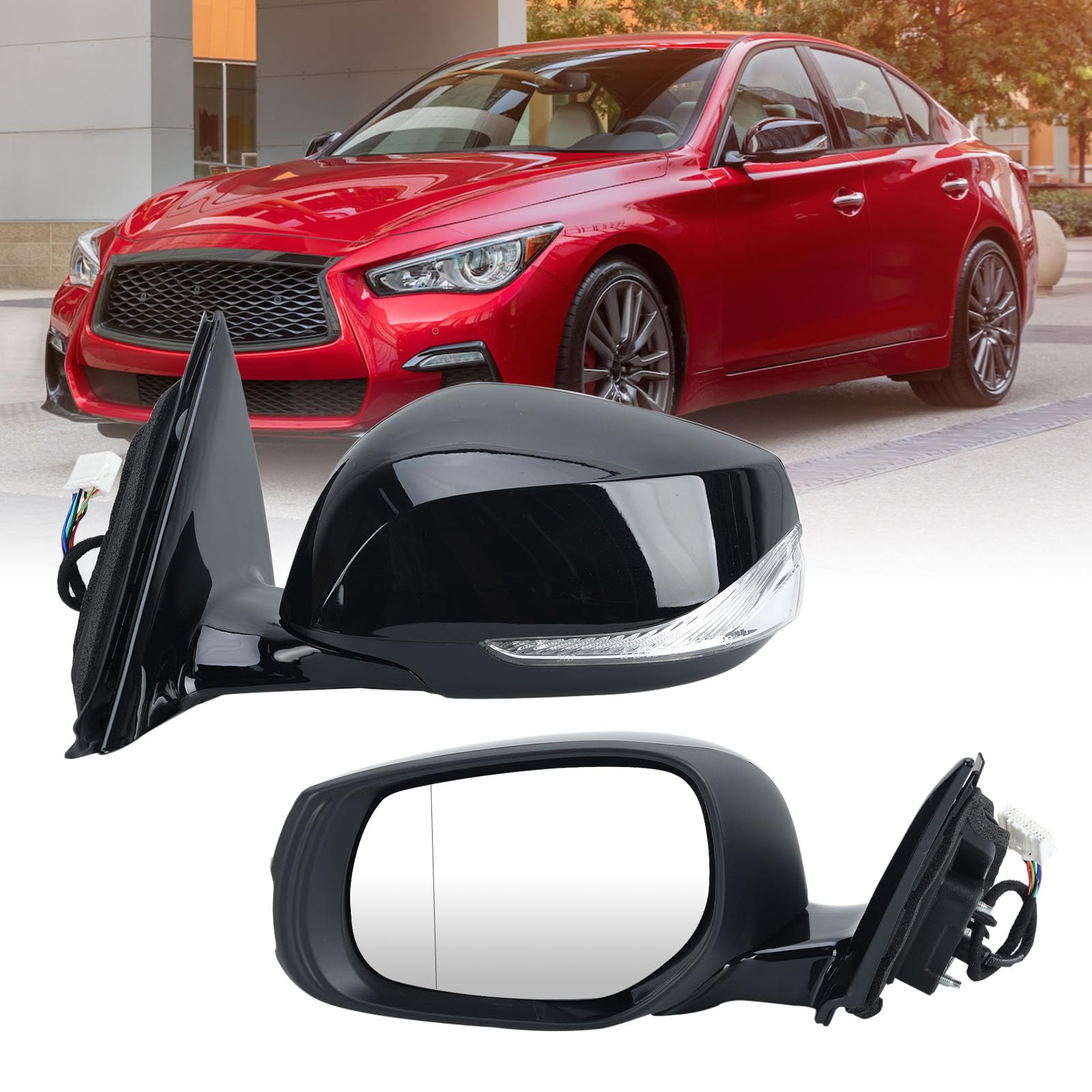 Photo 1 of Left Driver Side Mirror Compatible with Infiniti Q50 2014-2021 Heated Power Glass Manual Folding Turn Signal Indicator 7 Pins Replace IN1320129 | 963024HB0A (Glossy Black)