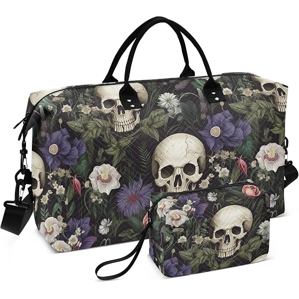 Skull Travel Duffle Bag Gym Bag, Skeleton Skull Rose Weekender Bags for Women with Toiletry Bag Travel Tote Bag Swim Bag