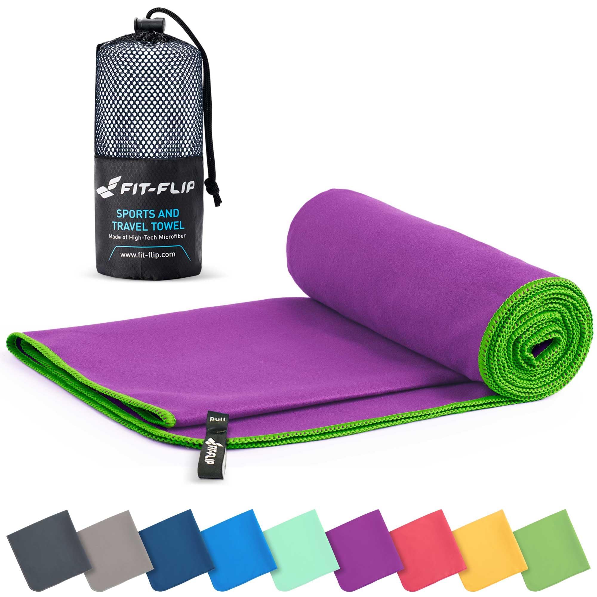 Fit-Flip Microfibre towel - compact, ultra lightweight & quick dry - perfect for gym, travel & beach - swimming towels for sports, camping & hiking (50x100cm pruple-green + bag)