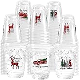 KOPOOEOE 100 Pcs 12 Oz Christmas Clear Plastic Cups Buffalo Plaid Disposable Xmas Cups Red and Black Checkered Merry Christmas Drinking Cups Bulk for Beverage Coffee Xmas Holiday Party Favor Supplies