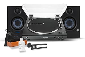 Audio-Technica AT-LP60X-BK Fully Automatic Belt-Drive Stereo Turntable Bundle with Eris 3.5 Monitors and Vinyl Cleaning Kit