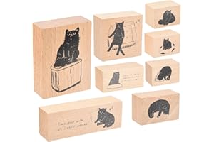 MECCANIXITY 8 Pcs Wood Cat Stamps, 6 Size Wooden Rubber Stamps Month Late Sleep Pattern Vintage Kitten Style for Decoration D