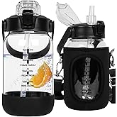 Seekua 32 oz Glass Water Bottle with Straw and Time Marker, Large Motivational Borosilicate Glass Drinking Bottle with Silicone Boot and Sleeve