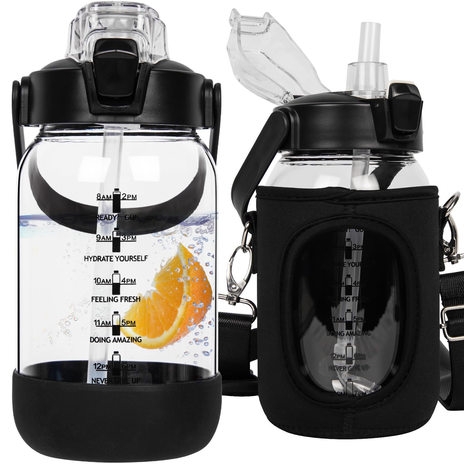 Seekua 1l Glass Water Bottle with Straw & Motivational Time Markings 1 litre Large Leakproof Gym Drinking Bottle