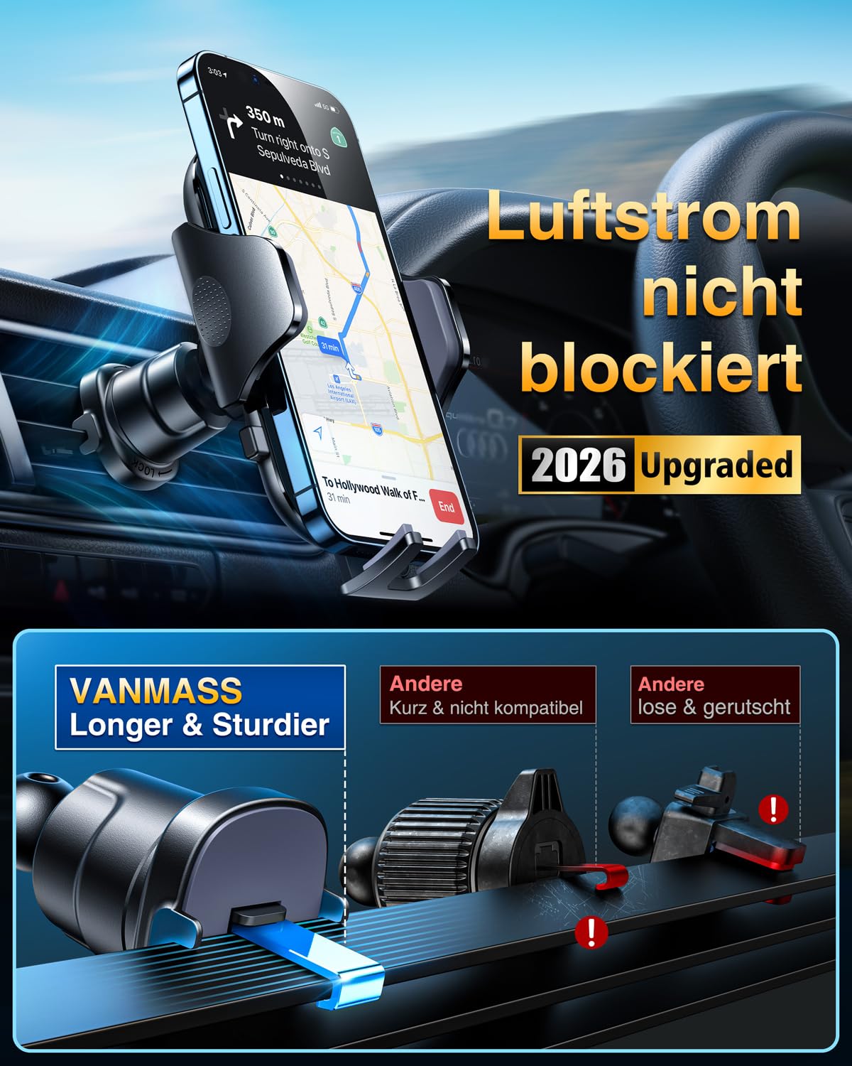 VANMASS 2026【Militär-Klasse】Handyhalterung Auto Upgrade【Stärkste Saugnapf & Lüftungshaken】4 in 1 Handy Halterung Auto 360° Drehbar Handyhalter Auto Armaturenbrett Scheibe Wand für iPhone Samsung usw 6