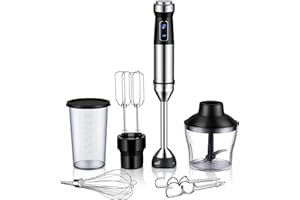 GDOR 6-in-1 Immersion Blender, 1000W Stainless Steel Scratch Resistant Immersion Blender Handheld with 20 Speeds, Hand Blender with Whisk, Chopper, Beaker, Egg Beaters and Dough Hooks, Black