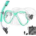 PIYAZI Snorkeling Gear for Adults Kids, Dry Snorkeling Set, Panoramic Anti-Leak and Anti-Fog Tempered Glass Lens, Adjustable Strap Snorkel Set with Mesh Bag Ear Plug for Snorkeling Scuba Diving Travel