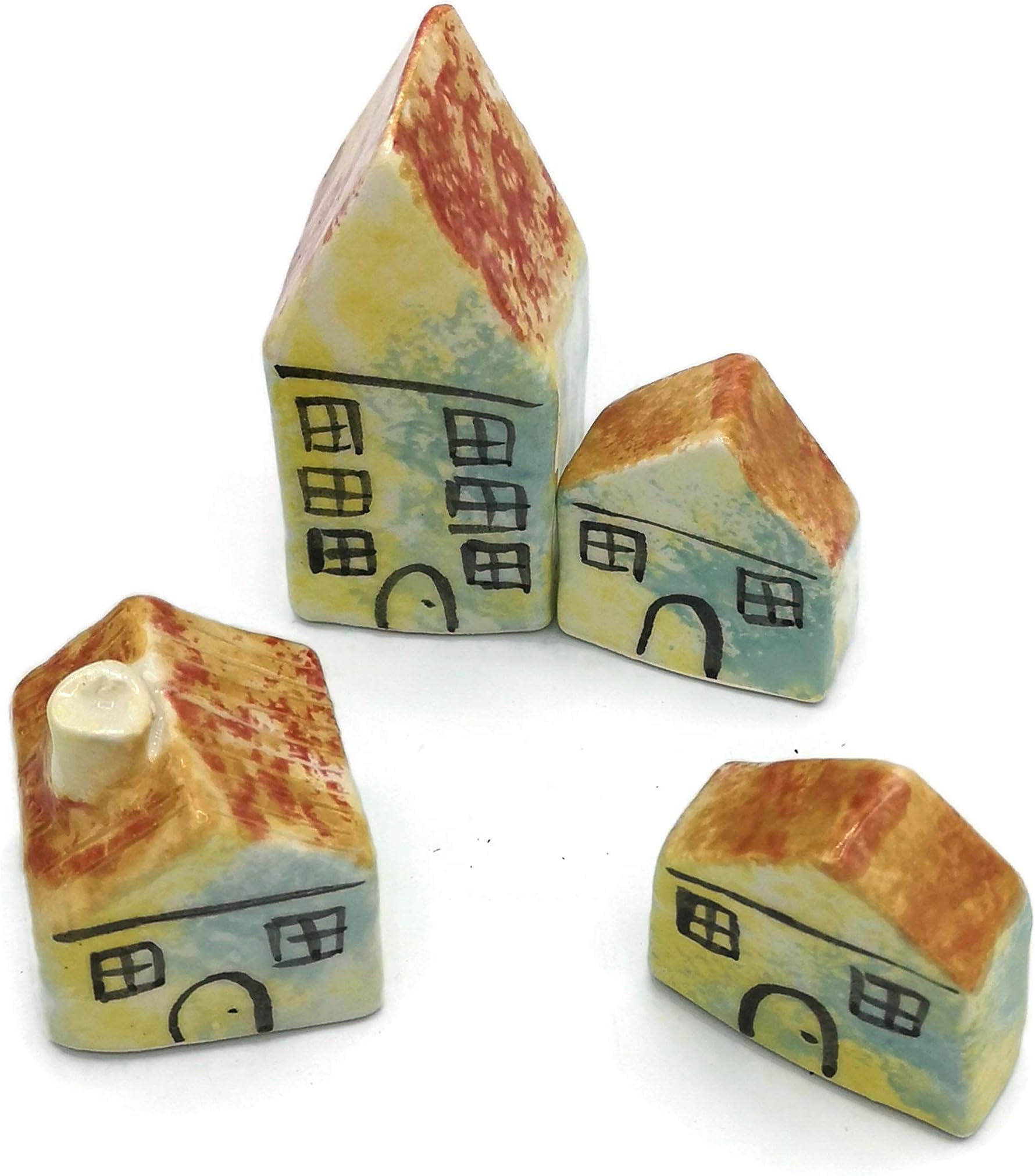 Set of 4 Miniature Pottery Garden House, Ceramic Decorative Handmade Colorful House