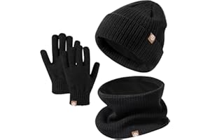 Kids Toddler Winter Hat Scarf Gloves Set Warm Beanie Caps Neck Warmer Touchscreen Mitten for Children 2-8 Years (Black)