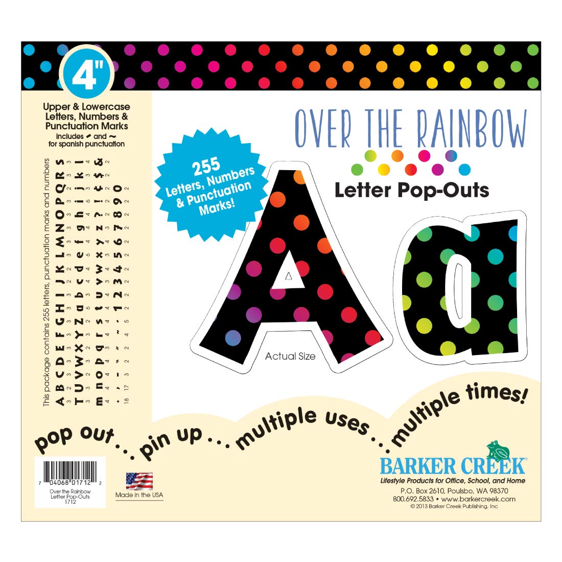 Barker Creek Letter Pop-Outs, 4" Over The Rainbow, Multicolor Designer Letters for Bulletin Boards, Breakrooms, Reception Areas, Signs, Displays, and More! 4", 255 Characters per Set (1712)
