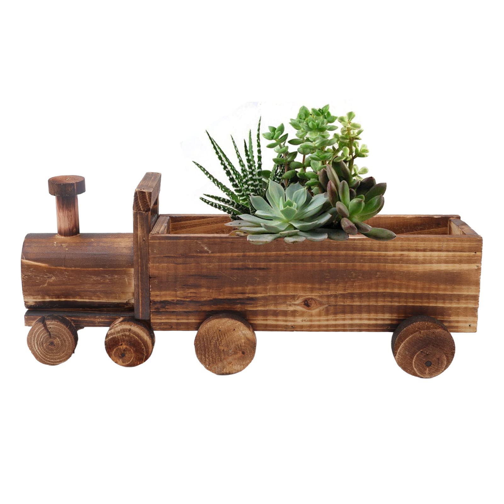 Cartoon Train Shape Wooden Flower Pot Cart, Wheelbarrow Flower Pot Planter for Indoor, Outdoor, Garden, Yard, Patio