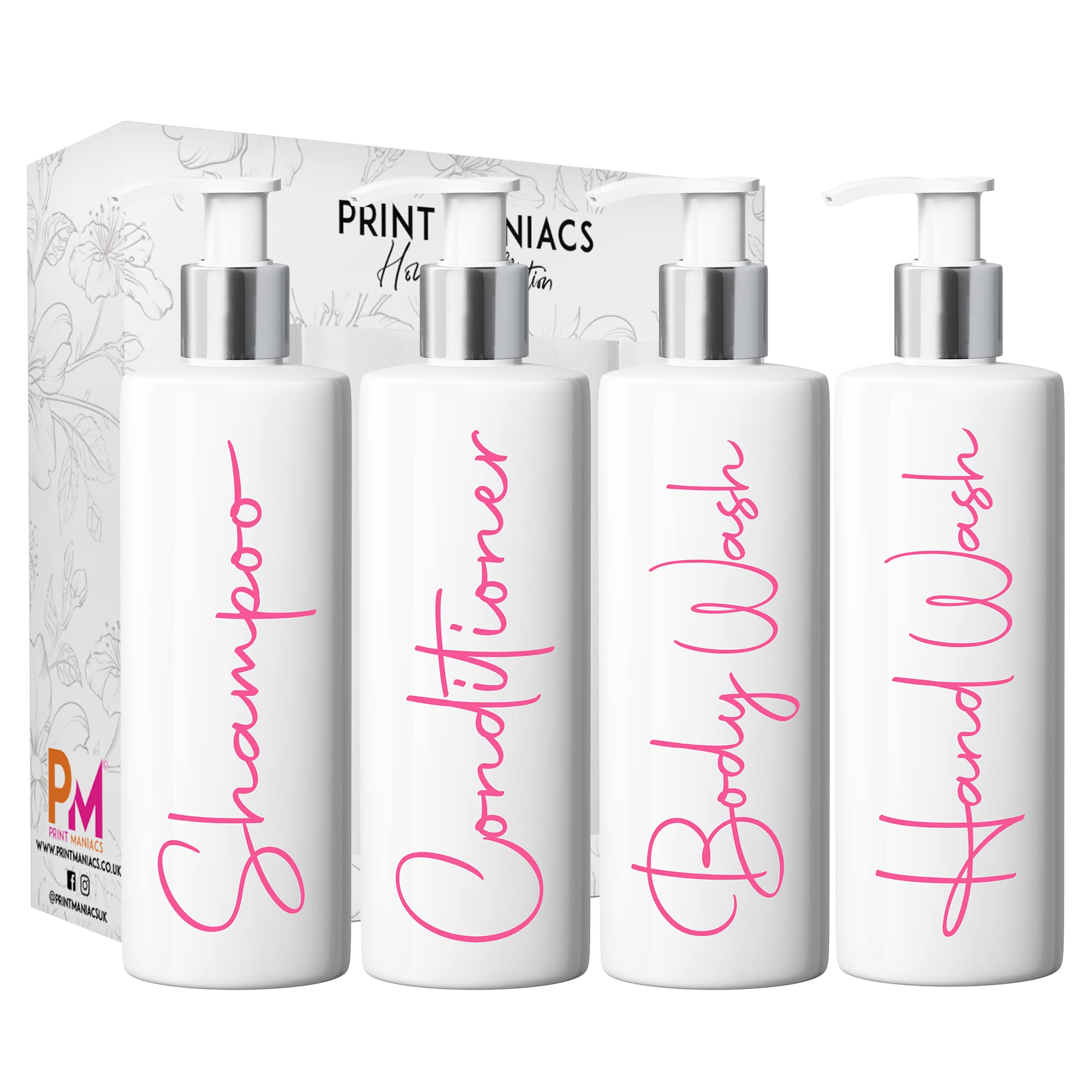 Print Maniacs White Mrs Hinch Inspired Personalised 500ml Pump Bottles Bathroom Lotion Kitchen Set Shampoo Conditioner ( Hand Wash Set , F2) (Baby Pink)
