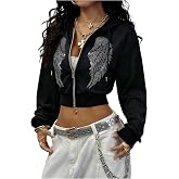 BEAUDRM Women's Y2k Gothic Graphic Cropped Hoodie Jacket Sparkly Sweatshirt | Rhinestone, Goth, Punk, Grunge, Zip Up， Streetwear, Long Sleeve, Fall Clothes
