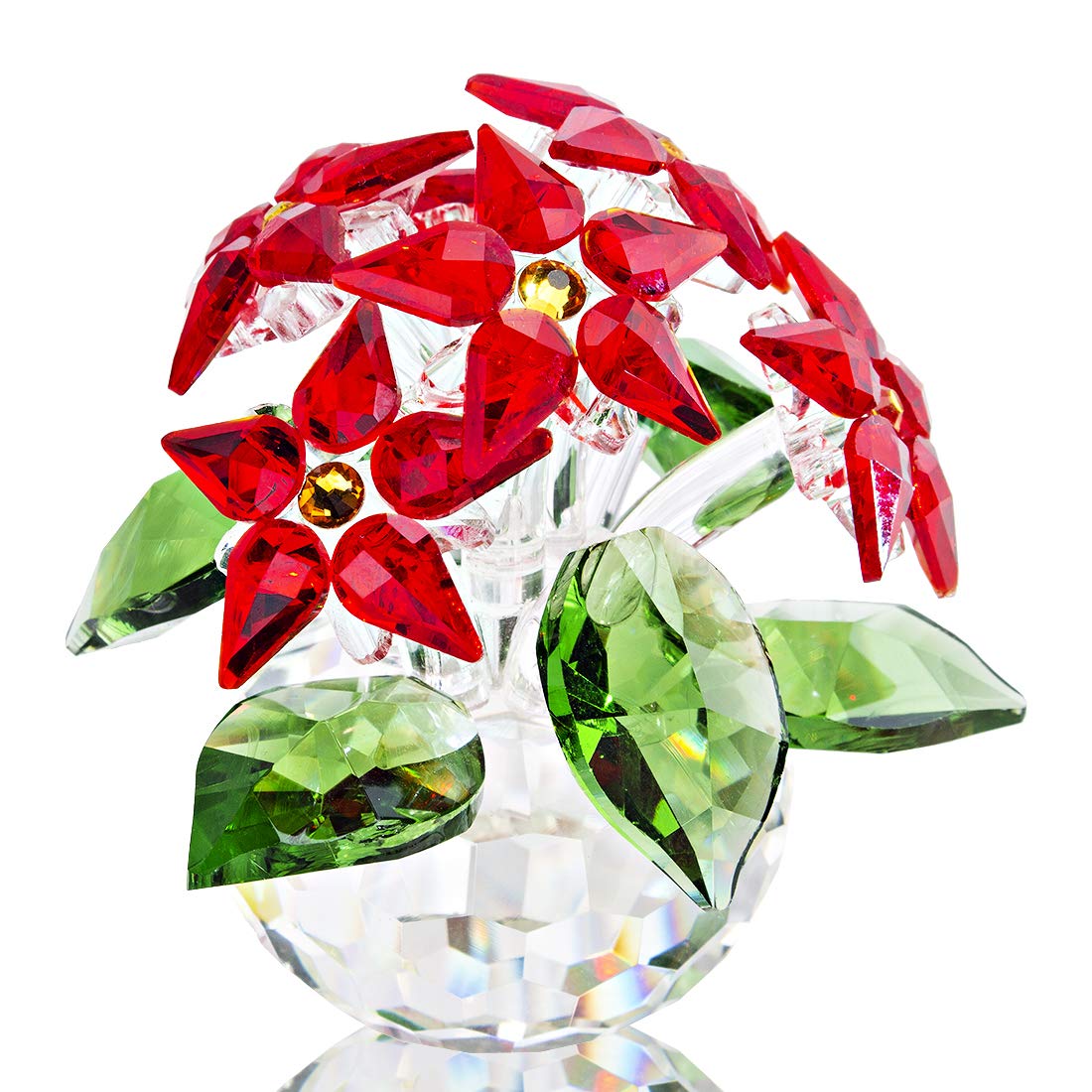 H&D HYALINE & DORA Glass Poinsettia Flower Figurine,Crystal Dream Flower Ornament, 6 Branches, Red
