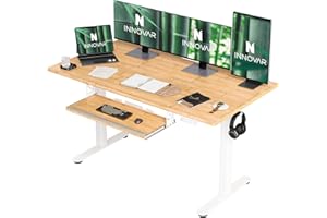 INNOVAR Bamboo Electric Standing Desk, 55×24 Inch Adjustable Desk with Keyboard Tray, Stand up Home Office Desk with Whole-Piece Board, White Frame/Bamboo Top