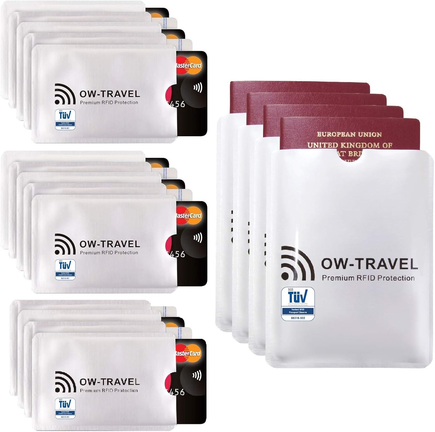RFID Card Protector Sleeves (14 Pack) and Passport Cover (4 Pack). OW