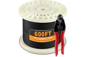UYENSEOY 600FT 1/8" Black Stainless Steel Cable 7x7 Strands Aircraft Cable T316 Wire Rope with Cable Cutter 1800lbs Breaking Strength, Black Wire Cable for Deck Railing, Stair, Fence, DIY Balustrades