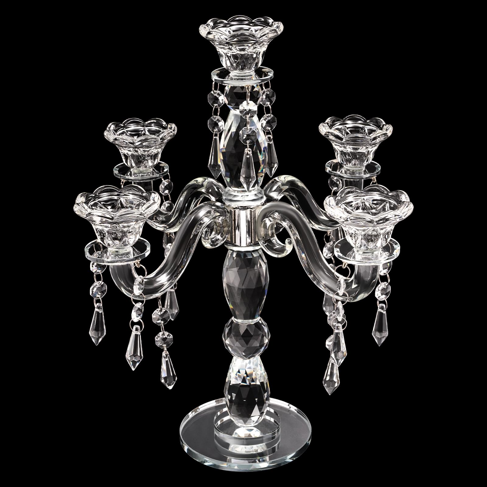 Photo 1 of 5 Arm Crystal Candle Holder Modern Clear Candlestick Holders Vintage Candelabra Centerpieces for Tables Candle Centerpieces for Home Wedding Centerpieces Dinner Party Formal Event Table Decoration