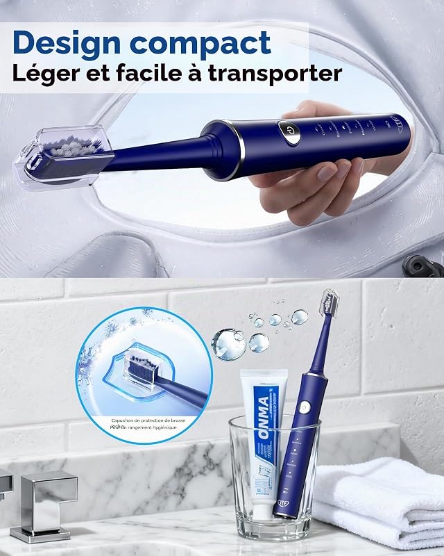 Brosse À Dents Électrique Sonique Pour Adulte – 5 Modes, 45 Jours D’autonomie, 8 Têtes De Brosse, Étanche Ipx7, Minuterie Intelligente, Adaptée Aux Voyages – Brosses À Dents Complet (Bleu)