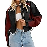 Tankaneo Womens Faux Leather Bomber Jackets Cropped Zip Up Color Block Fall Casual Moto Biker Coats