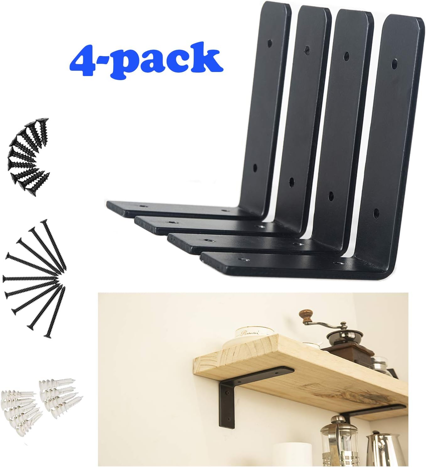 URANMOLE Heavy Duty Floating Shelf Brackets 4 Inch - Rustic Black Iron Metal Wall Support for DIY Open Shelving - 4 Pack (6”x10”): Home Improvement