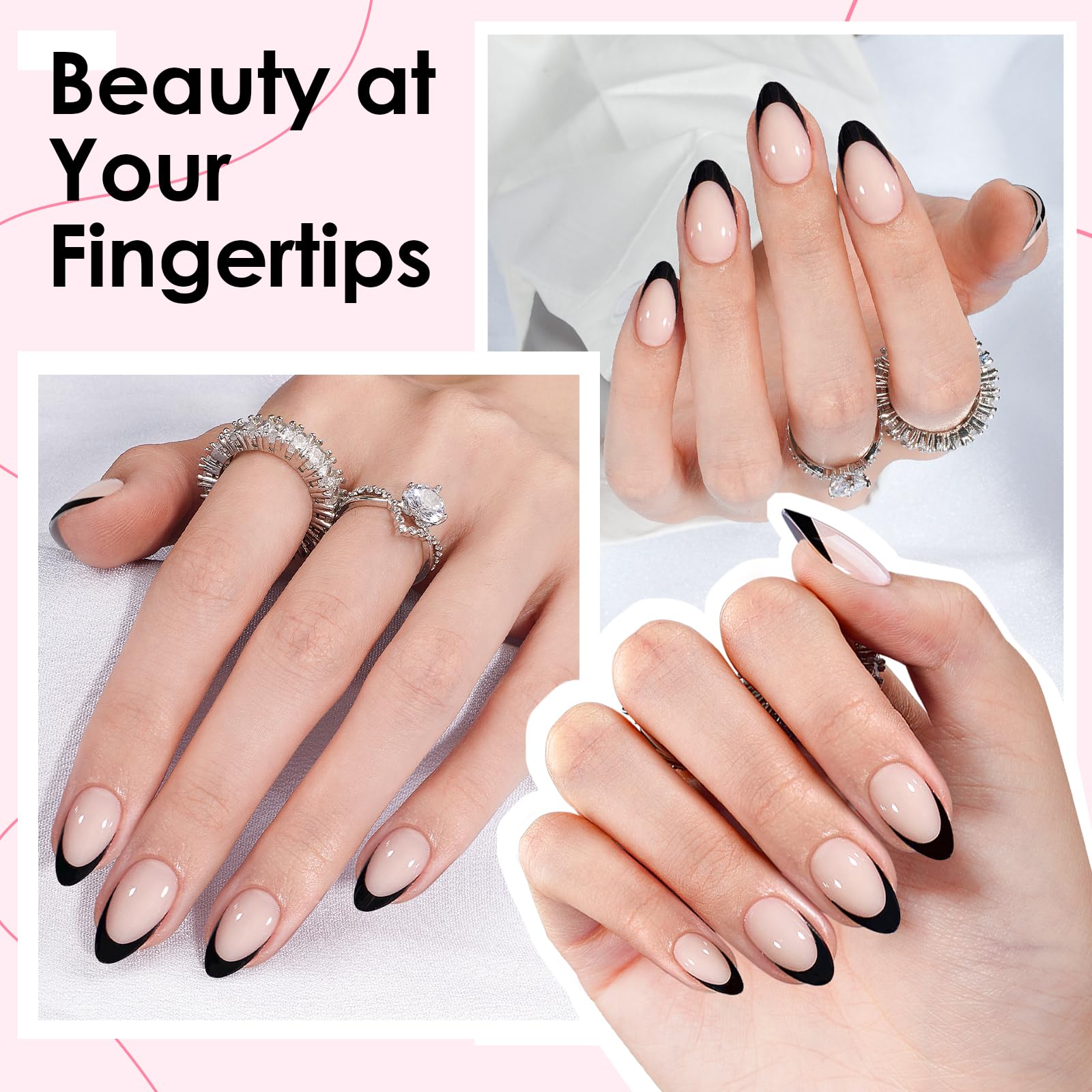 Canvalite French Tip Press On Nails, 30Pcs Short Almond Press on Nails Reusable Acrylic Fake Nails with Glue & Glue Remover Easy to Use Manicure Kit for Women, Black - Image 7