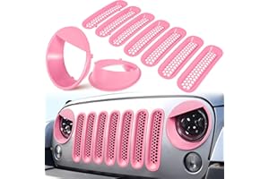 E-COWLBOY Front Grille Mesh Inserts & Headlight Cover for Jeep Wrangler JK JKU Sport Freedom Rubicon Sahara Unlimited 2007-2018 Exterior Accessories Clip-in Grille Guard Headlight Bezels Trim (Matte Pink)