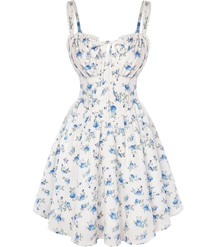 Women Corset Cottagecore Floral Mini Dress Sundresses Cute Summer Spaghetti Strap Milkmaid Ruffle Tiered Dress Short Flowy Swing Chiffon Beach Vacation Sun Dresses Smocked Bustier Garden Party Dresses at Amazon Women's Clothing
