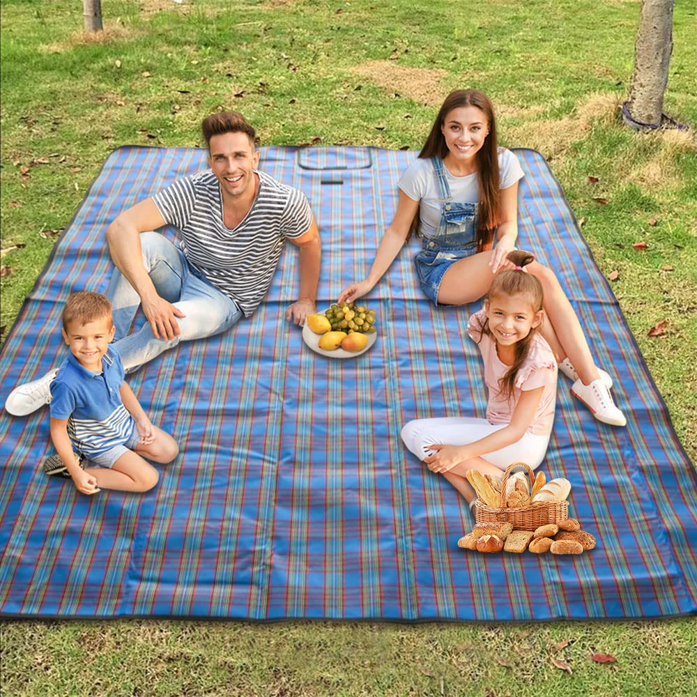 Armo Extra Large Tartan Picnic Blanket, Carrying Handle Waterproof Beach Garden Outdoor Washable Picnic Camping Blanket 200 x 147cm (Blue)