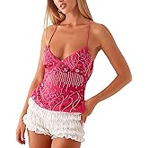Women Summer Sequin Halter Top Open Back Embellished Tank Top Sleeveless Backless V Neck Camisole Going Out Crop Top