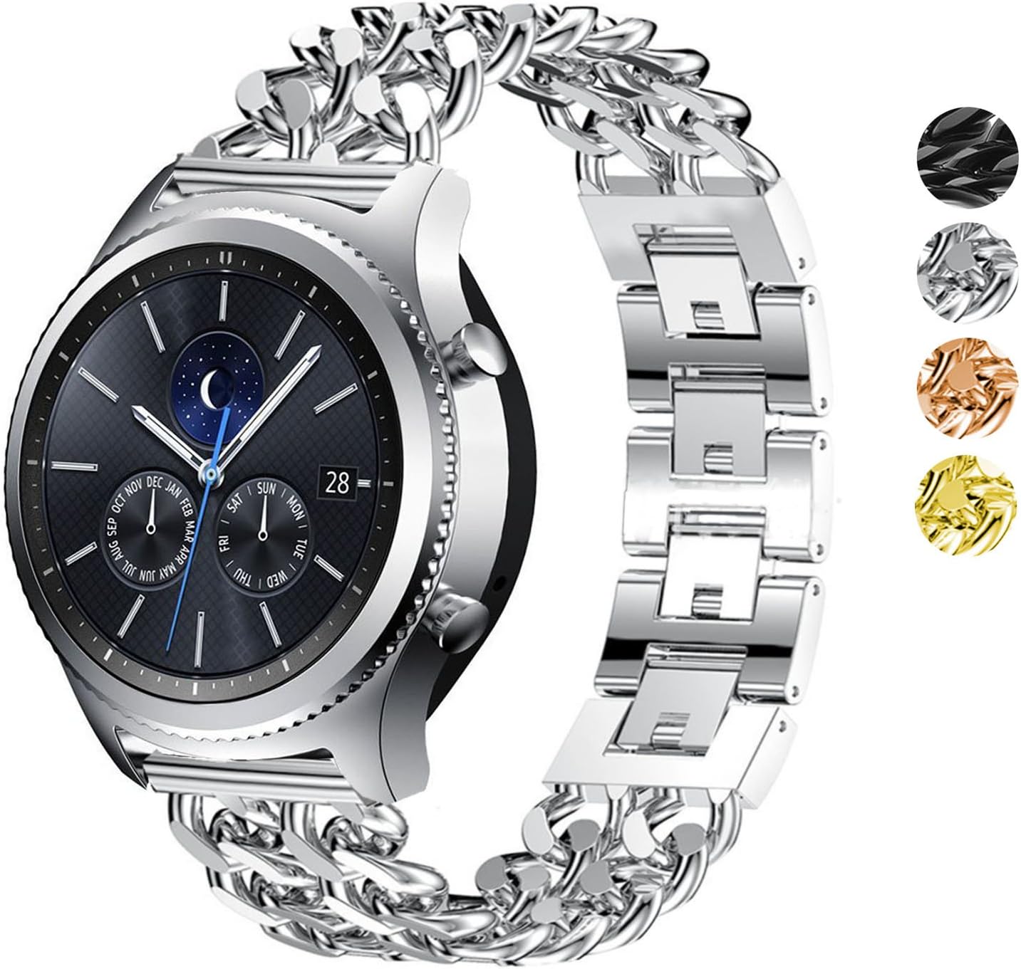 DEALELEDEALELE Strap Compatible with Samsung Gear S3 Frontier/Classic/Galaxy Watch 46mm / Galaxy 3 45mm, 22mm Cowboy Chain Metal Steel Bracelet Replacement for Huawei Watch 3 / GT2 46mm (Silver)