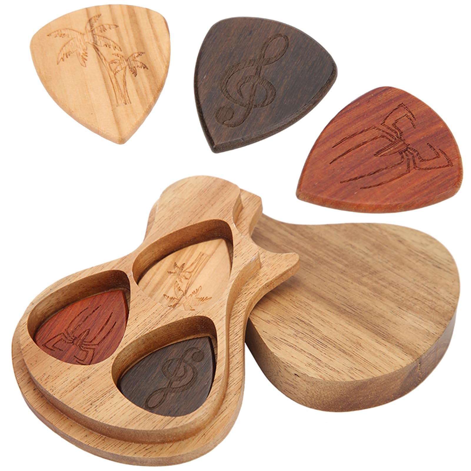 32 x 27 x 3mm / 1.3 x 1.1 x 0.1in Guitar Pick Box with 3Pcs Picks, Wood Guitar Picks Box for Guitarist Engraved Guitar Pick Box Classical Triangle Guitar Picks for Guitar Bass