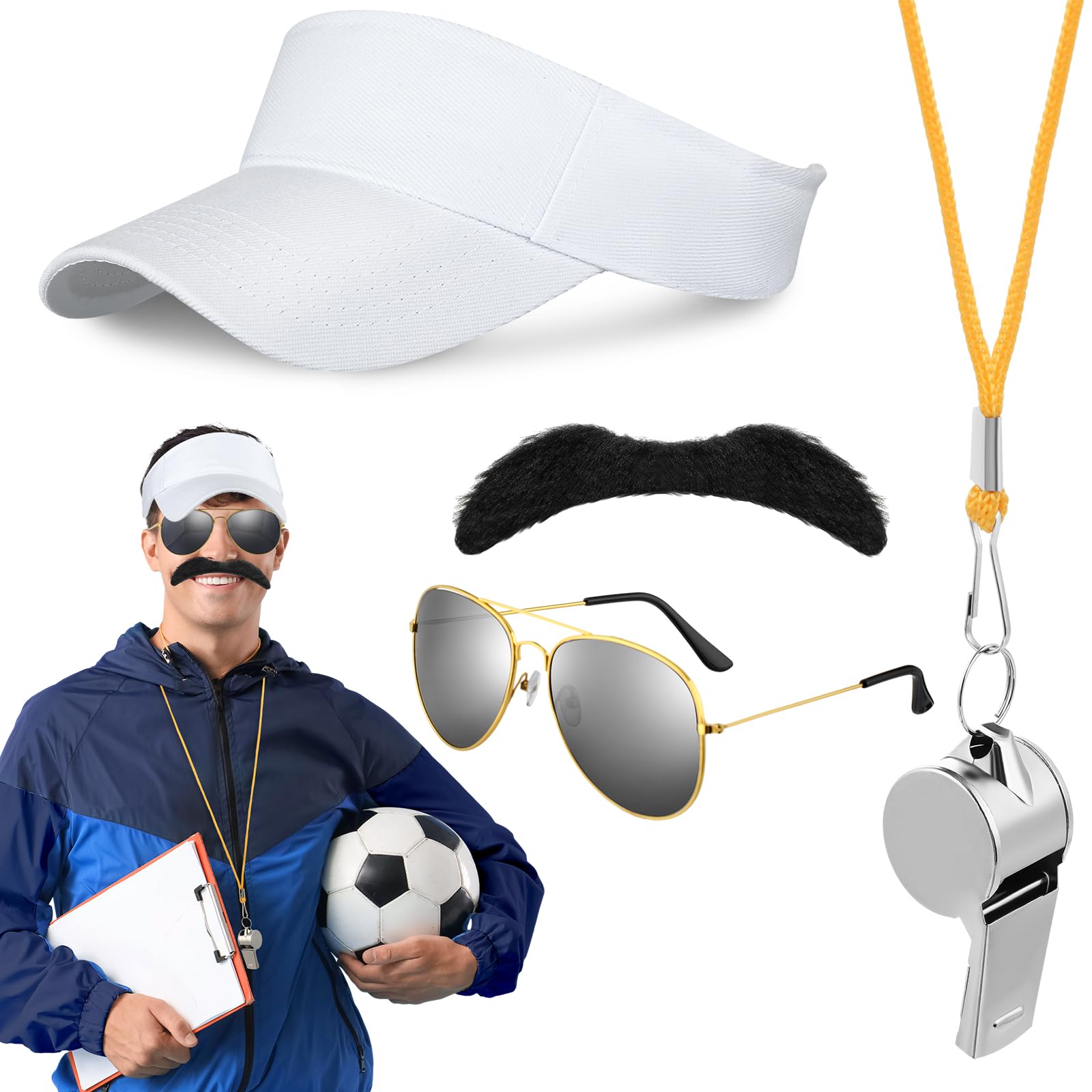 Photo 1 of ***PARTIAL SET, SEE NOTES - PRICE ADJUSTED*** Mepase 4 Pcs Halloween Soccer Coach Costume Accessories Include Visor Hat Fake Mustache Sunglasses Whistle for Adults Halloween Cosplay Party
