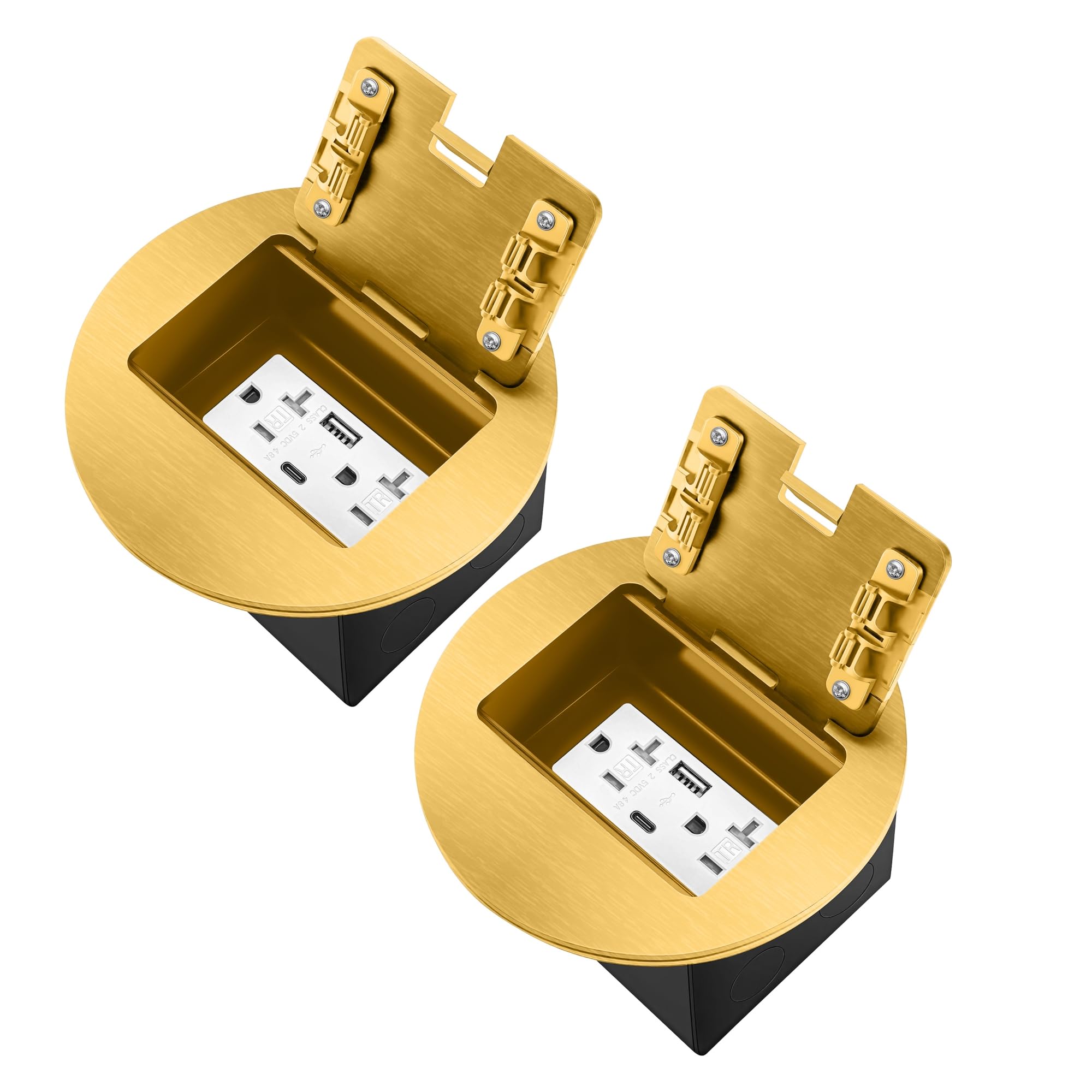 Photo 1 of JACEPFY Floor Outlet Recessed Floor Outlet Box Fast Charging 4.8A USB A+Type C Port 20 Amp Receptacle Kit - 2 Pack (Gold)