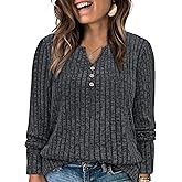 ROSRISS Plus-Size-Tops-for-Women Dressy Long Sleeve Shirts Casual V Neck Tunics Trendy Loose Ribbed Knit Pullover Sweaters