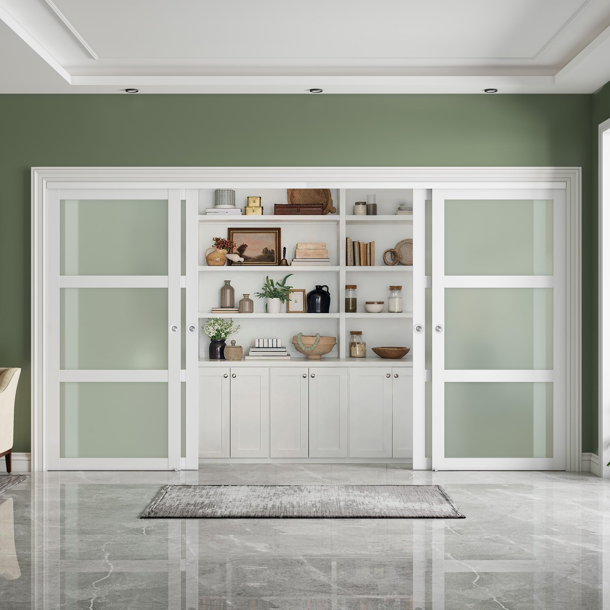 Photo 1 of ** JUST THE GLASS PANNELS*   SMARTSTANDARD Sliding Closet Door 128x80(Double 64") Inch, Bypass Frosted Glass 3-Lite,Hardware Kit with Handles Included,Easy to Assemble MDF Door for Bedroom with Scratch-Resistant PVC, White