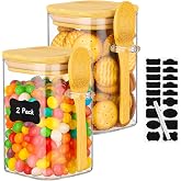 Kimqi Glass Storage Jars with Lids - 2 Pack 18 Fl.oz Square Glass Containers with Bamboo Lids and Spoon, Includes Labels and 