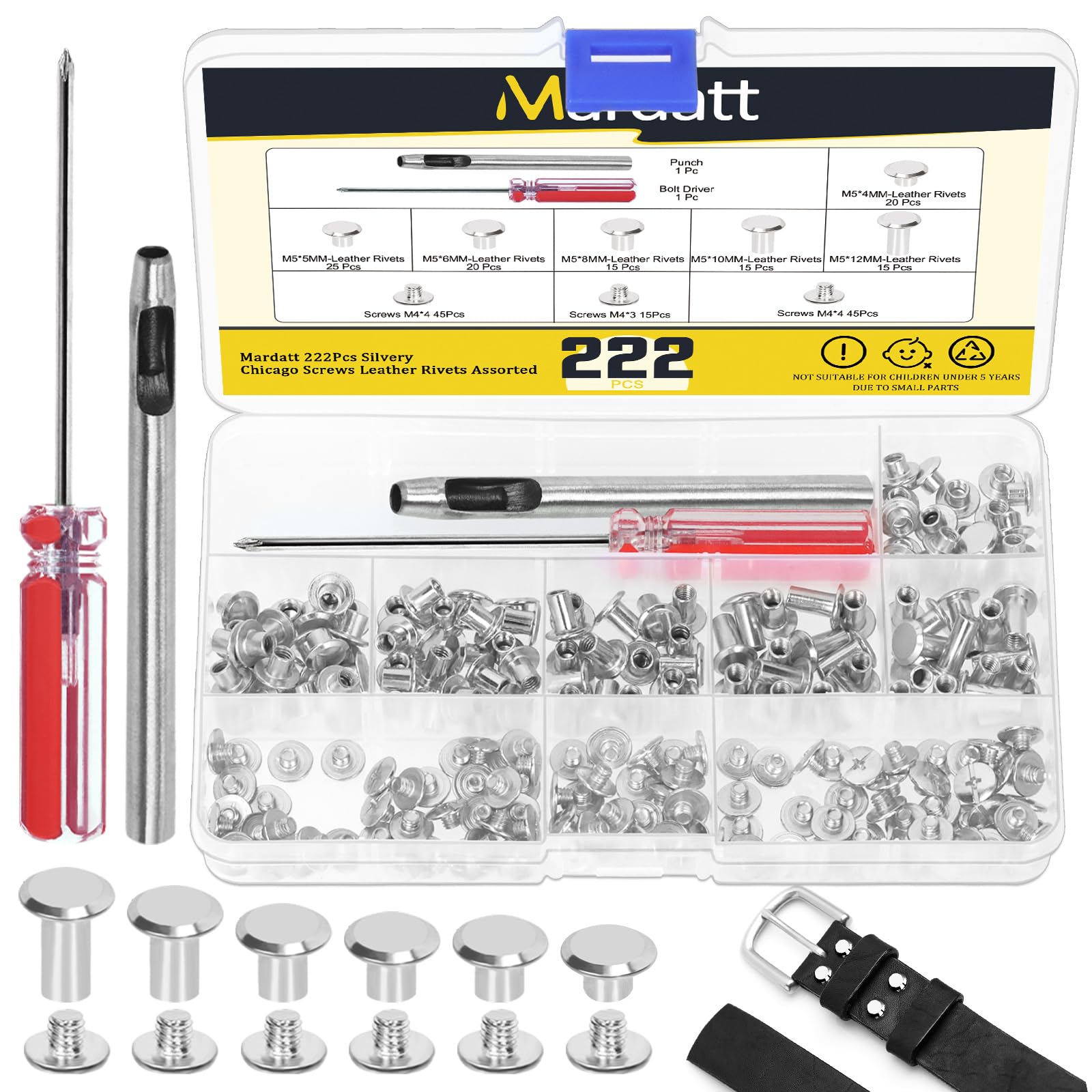 Mardatt 110 Sets 6 Sizes Chicago Screws Kit with Setting Tools, M5 X 4/5/6/8/10/12MM Leather Rivets M5 Chicago Binding Screws Rivets for DIY Leather Craft Repair(Silver)