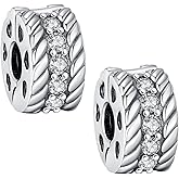 KEQ Clip Spacer Charm for Bracelet 925 Silver Stocking Stuffers Pave Cubic Zirconia Clip Lock Stopper Bead Spacer For Women Bracelets Stopper Mother's Day Gifts European Openable Beads 2pcs