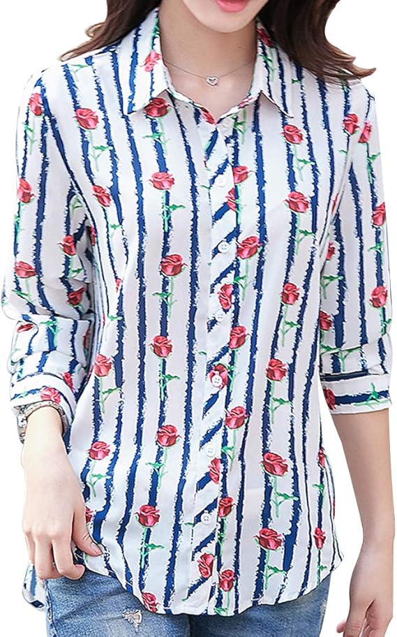 Amazon Kukaki クカキ 襟付きシャツ レディース 長袖 オフィス服 柄シャツ 婦人服 ストライプ 薄手 花柄 シャツ 白 ブラウス おしゃれ シャツ ブラウス 通販